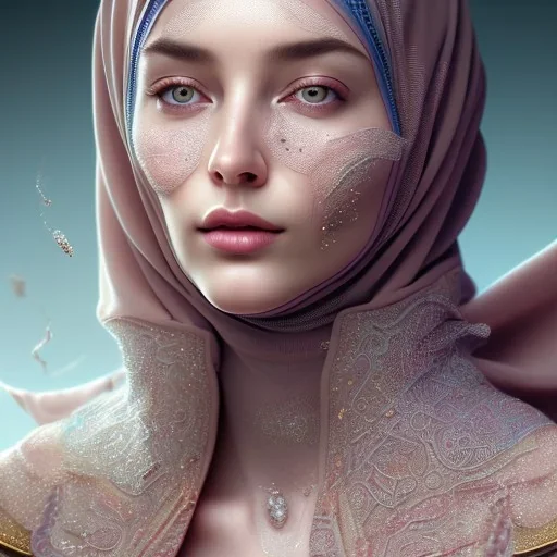 close up portrait of woman in hijab, fine detail, highly intricate, modern surrealism painting, defined cracks and breaks, high-quality, volumetric lighting, 8k, ultrahd, George Grie, Marco Escobedo, Igor Morski,Brian Froud, Howard Lyon, Selina French,