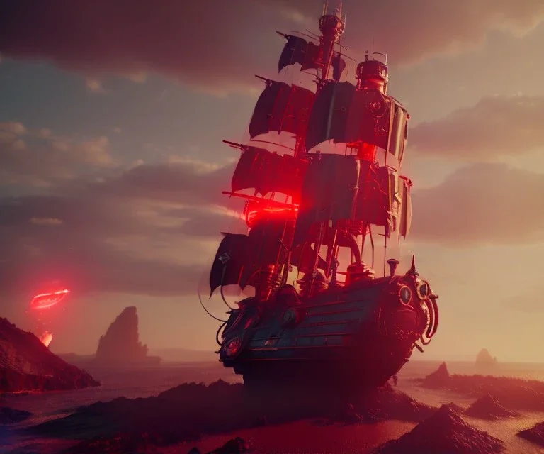 pirate ship, futuristic, metallic, lava, cannons