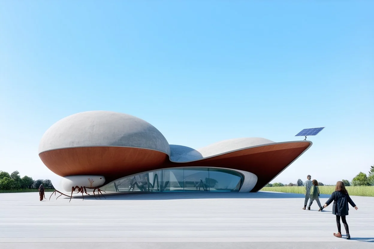 3D representation of architectural wonder, with a concrete design and matte reddish glass that contrasts with the light blue sky, emphasizing organic movement. Its design represents an ant with a bulbous tail and membrane wings with solar panels, its tail is made of concrete and glass. It stands out from pedestrians, creating a sense of scale. In open space, its use is a public place and as a great viewpoint in the mountains Combination of practicality and artistic expression in architecture