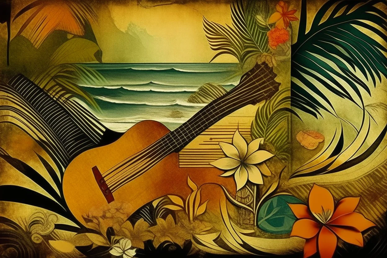 double exposure caricature of a tropical beach, flowers, waterfall musical notes: magical ethereal nature, golden patina, desaturated neutral tones on burlap, dramatic impasto composition that brakes down the boundaries between an effective combination of concept, vision and mastery of medium (Georges Braque:0.7), (Fernand Leger:0.3), set in front of vivid background by Pablo Picasso watercolor and ink, oil on canvas, reflection, mist, sunshine