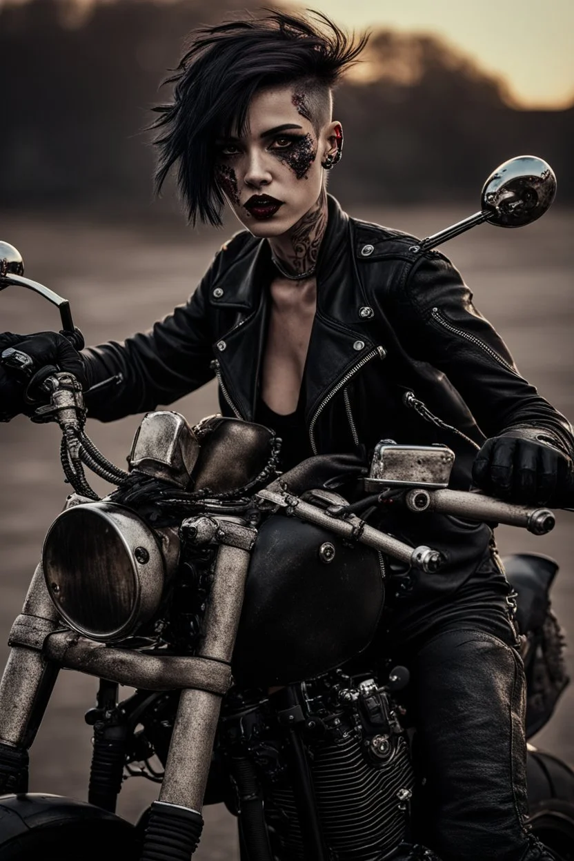 scarred vampire girl showing fangs with short cropped cyberpunk hair riding a black cafe racer motorcycle in a post apocalyptic wasteland at dusk