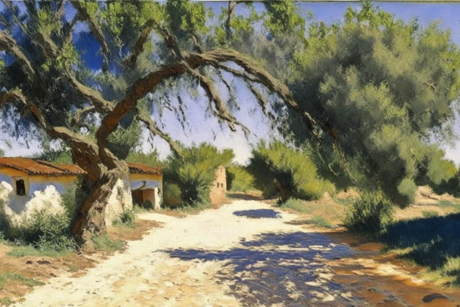 sunny day, clouds, rocks, trees, mountains, countryside, dirt road, adobe old house, gustave caillebotte impressionism paintings