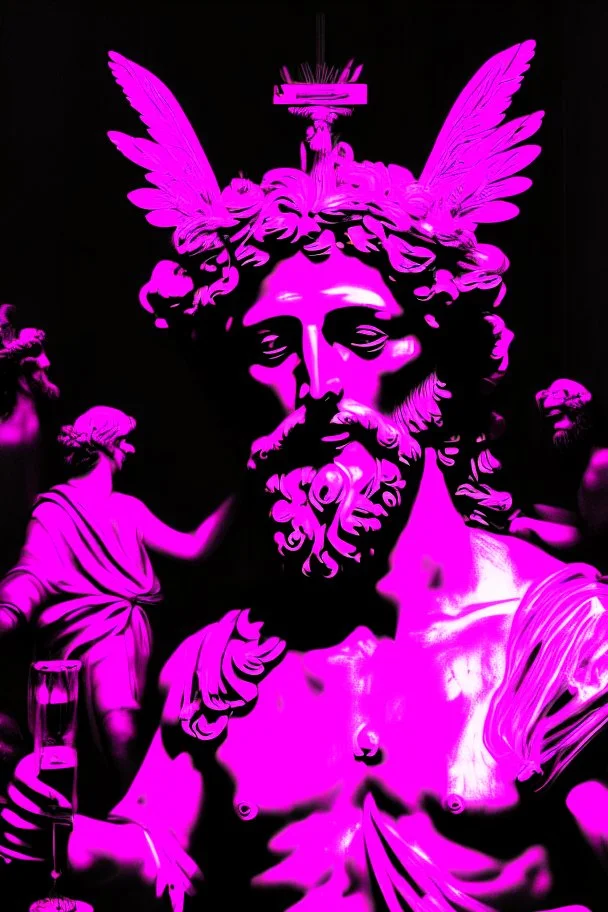 Dionysian rite of sparagmos; black and white with neon pink; Renaissance