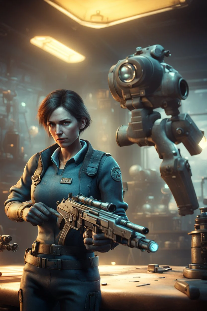 Nico Belic and woman in fallout 4 setting, bokeh, downlight, prize winning, depth of field, monster in background, stereoscopic cartoon storyline montage, glowing guns