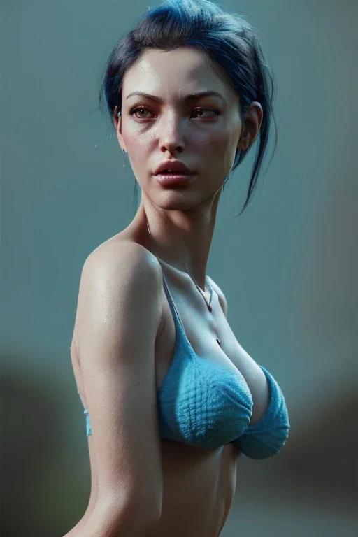 Realistic image, waist up portrait, sexy woman. Blue muppet head replace woman head, concept art, smooth, unreal engine 5, god lights, ray tracing, RTX, lumen lighting, ultra detail, volumetric lighting, 3d, finely drawn, high definition, 4k.