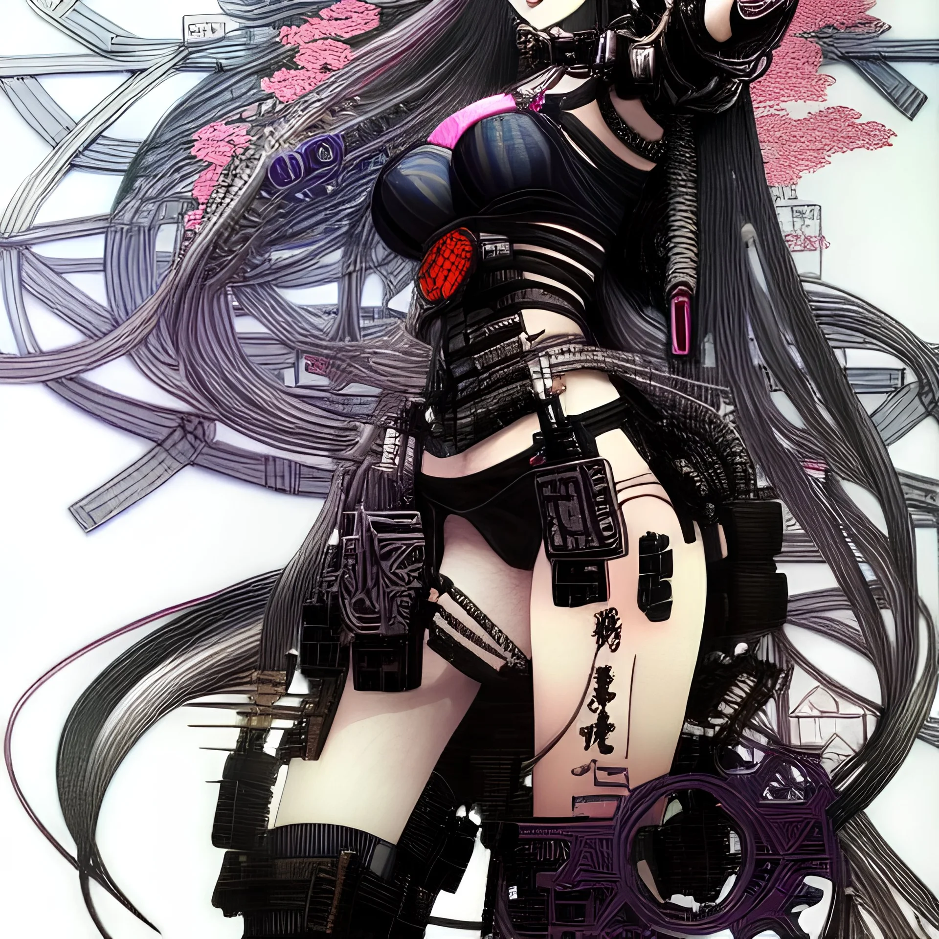 beautiful cyberpunk huge girl, hyperdetailed, intricately detailed, illustration by _Katsushika Hokusai_ _Yoji Shinkawa_,