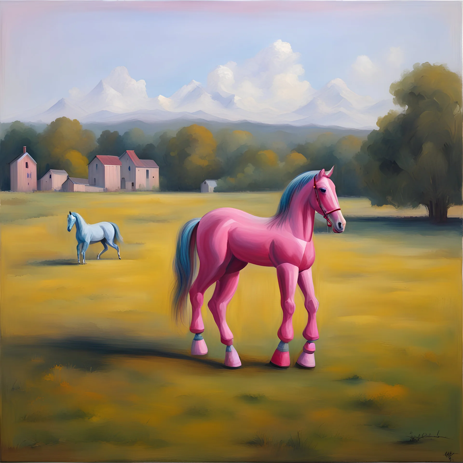 Big pink plastic toy horse.19th painting