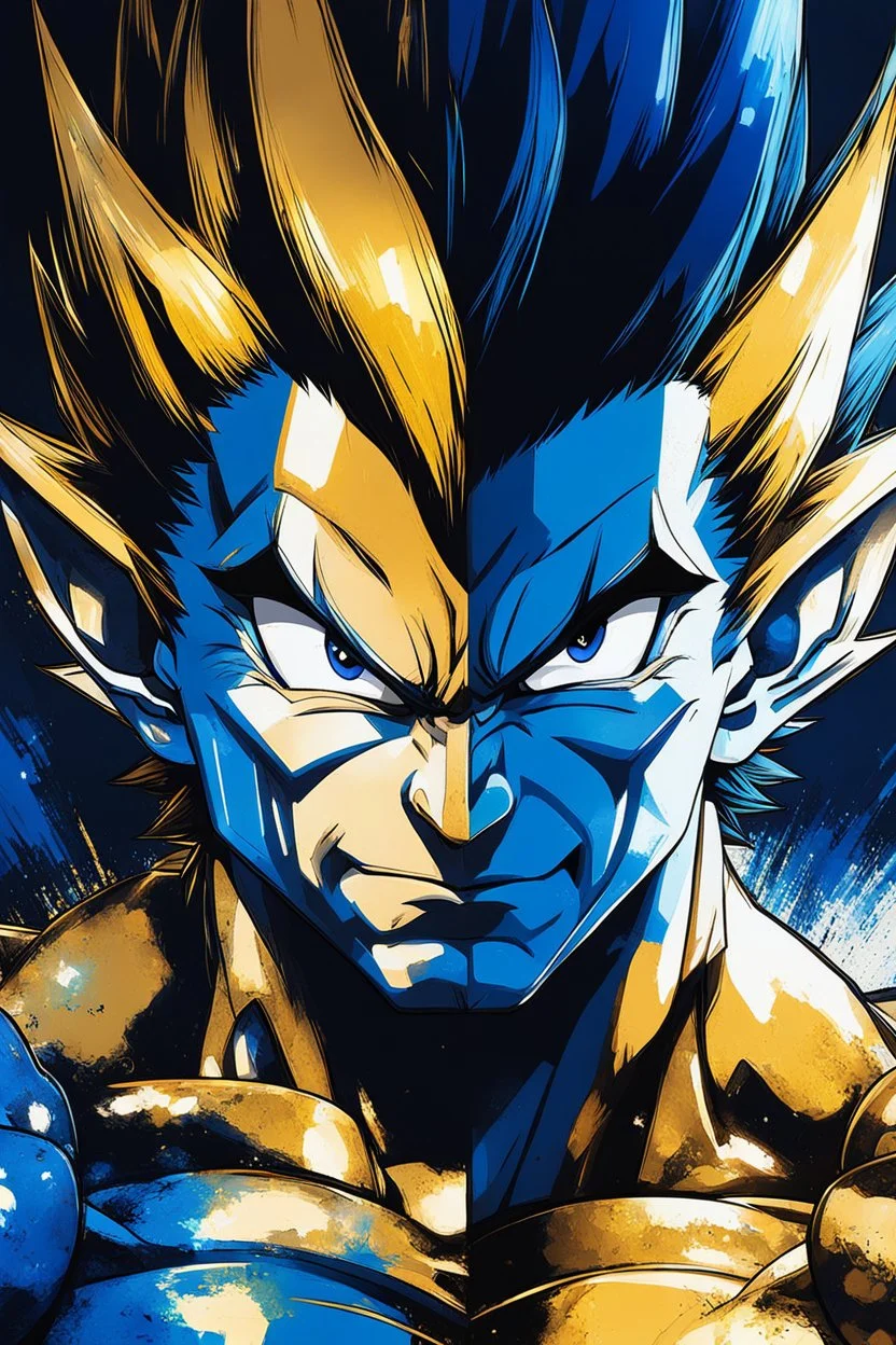 Poster in two gradations, split in half, one side "Vegeta", other side "Goku", midline of the face, painting by Yoji Shinkawa, dark blue and GOLD detailed iridescent, metallic, translucent, dramatic lighting, hyper futuristic, digital art,