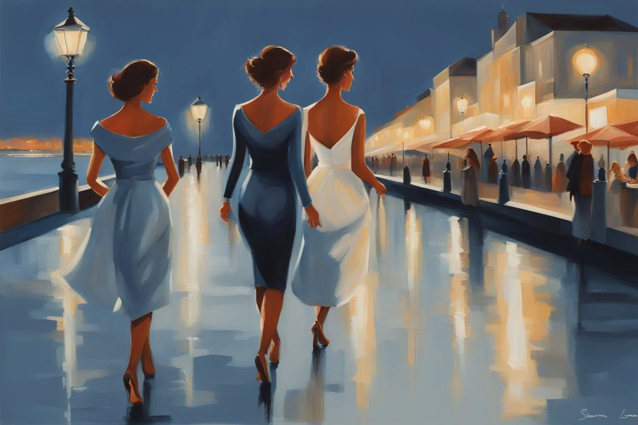 two elegant women walking at night on a sea promenade, by artist "Ingrid Umber", by artist "Sienna Lamberts