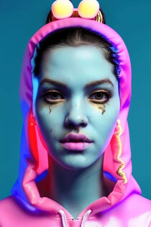 Ultra Realistic image, Rosalía artist, portrait, waist up portrait, long black eye line, sweet face, inflatable hoodie, gold pink and blue style, spray glow make up, led lights, neon, rings piercing nose, led ornament, fog, cold, bubble latex coat, vibrant color, highly detailed, art stations, concept art, smooth, unreal engine 5, god rays, ray tracing, RTX, lumen lighting, ultra detail, volumetric lighting, 3d, finely drawn, high definition, high resolution.