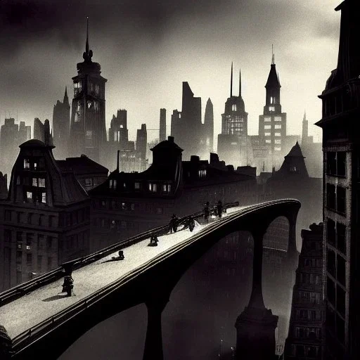 Bridge on rooftops Gotham Metropolis,European Neogothic imperial city, uphill Road, 1900s photograph, 8K resolution, #film, diffuse light,German noir,matte painting,chaos city, traffic,BioShock