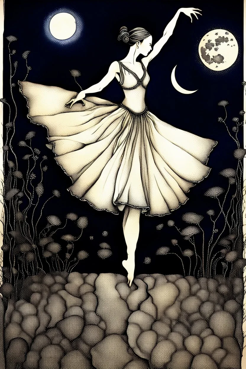 alcohol pen and ink stunning detalied surreal image where a dancer's dress transforms into a silver and moonlight capturing the elegance and etheraly of dance, the background is a cracked , ruined nightly garden with plants siluettes, and little fireflies, dark night, full shiny moon, stunning, masterpeace