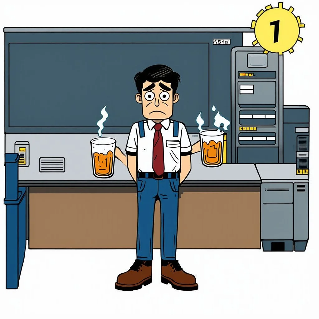 an very sad transparent drinking glas man with legs and shoes, working clothes, in a factory, nobody cares about the empty glas, that is why he is so sad :( , he had worked 30 years in the factory and never had a salary increase, tears in his eyes, cartoon style