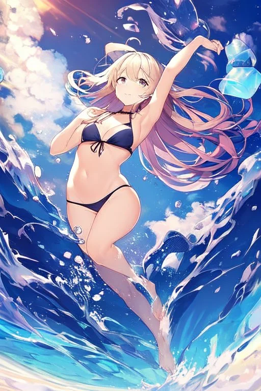 an anime waifu at the beach in a bikini back floating