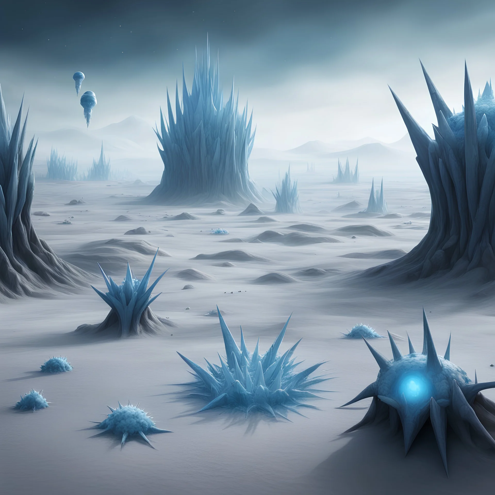 frozen alien landscape. some tiny, spiky blue alien creatures. spacecraft in the distance