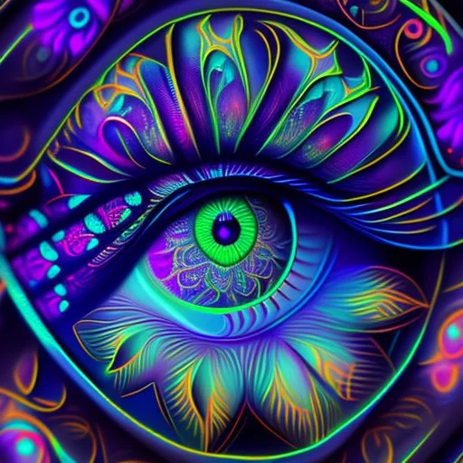 Close-up of mystical eyes, neon glow, intricate iris patterns, digital art style