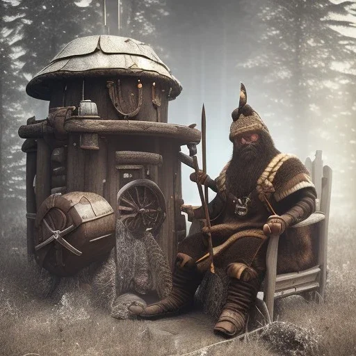 old viking sitting near campfire, scary, steam punk, realistic, made in octane, cinematic, ultra-realistic, extremely detailed octane rendering, 8K, VRAY Super Real ar 2:3, dof photorealistic futuristic 50mm lens hard lighting dark gray tintype photograph, realistic lighting, sepia color