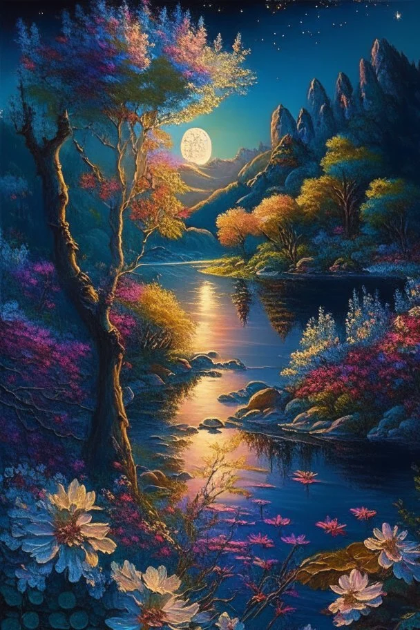 full light,highlight, trees, river, day, sun day, an idyliic forest with bright colorful flowers, mountains, sun,flower, a small river, paradise, heavenly atmosphere in the moonlit night, detailed painting, deep color, fantastucal, intricate details