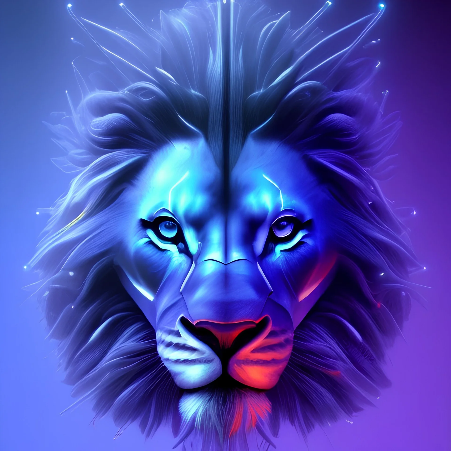 A beautiful portrait of a cyborg lion blue neon color scheme, high key lighting, volumetric light high details psychedelic background