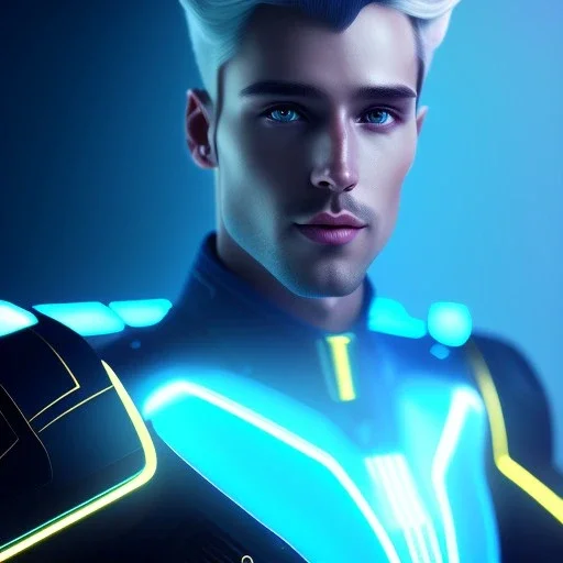 Handsome sexy galactic man with blue and blond hair in the wind, lightining tron suit, lights, hight détails, cinematic, artstation, unreal engine 5, stars in background