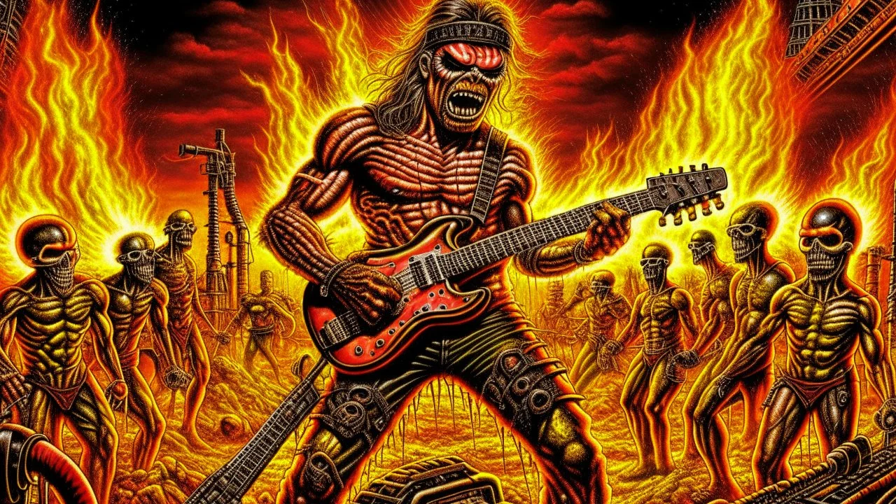 Terminator fight with eddie iron maiden, 4k full detail, realistic, émission radio logo hardrock pentagram firestarter tribute to Black sabbath flammes en fond