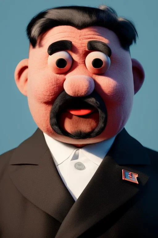 Waist up muppet Portrait, Kim Jong-un as muppet doll, black suit, photo studio, blue background, unreal engine 5, concept art, art station, god lights, ray tracing, RTX, lumen lighting, ultra detail, volumetric lighting, 3d.