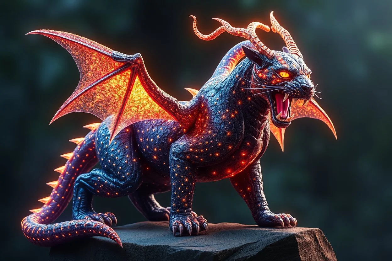 A panther with shimmering dragon scary ,cool wings