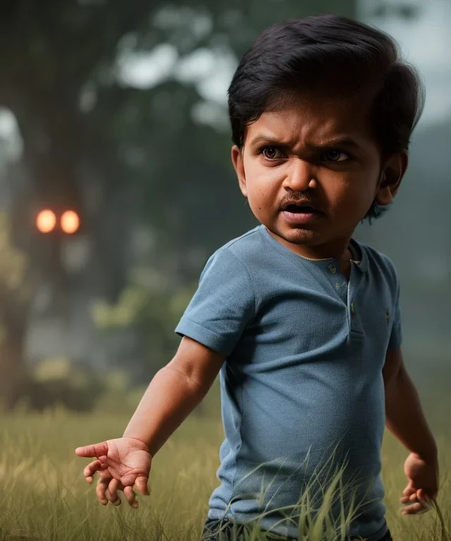 Raj kootrappali toddler, full body, dramatic lighting, angry, hyper realistic,