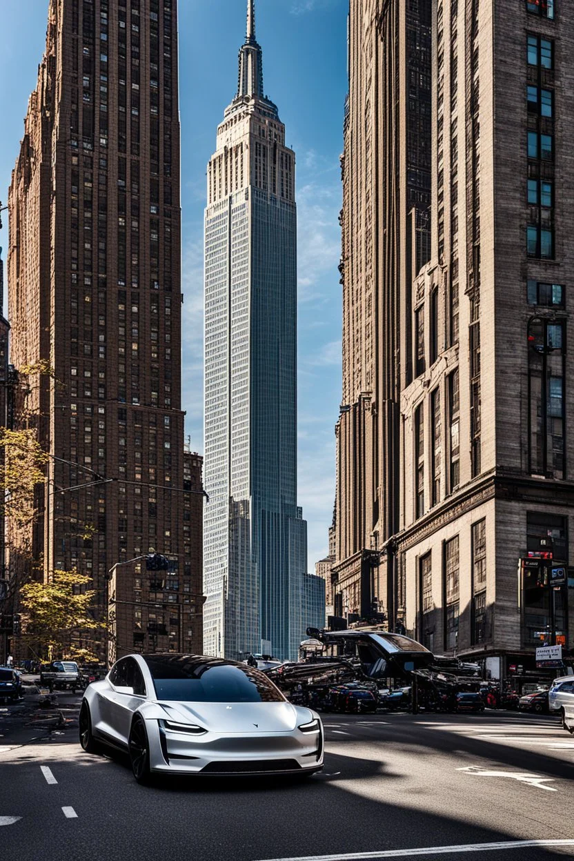 A Tesla's 'Cybertruck' is racing at top speed, near the "Empire State Building' in New York. CINEMATIC. WIDE ANGLE LENS. PHOTO REAL.