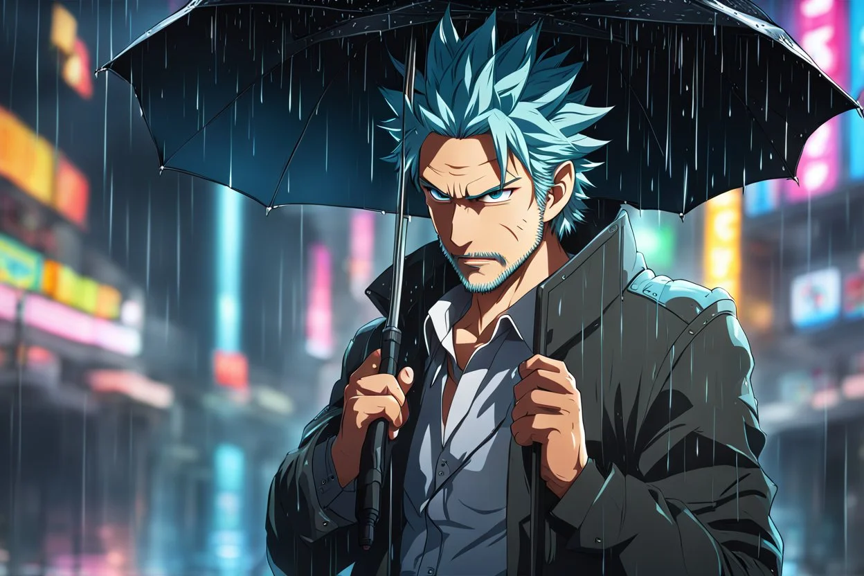 Rick in 8k anime realistic drawing style, close picture, rain, neon, intricate details, highly detailed, high details, detailed portrait, masterpiece,ultra detailed, ultra quality
