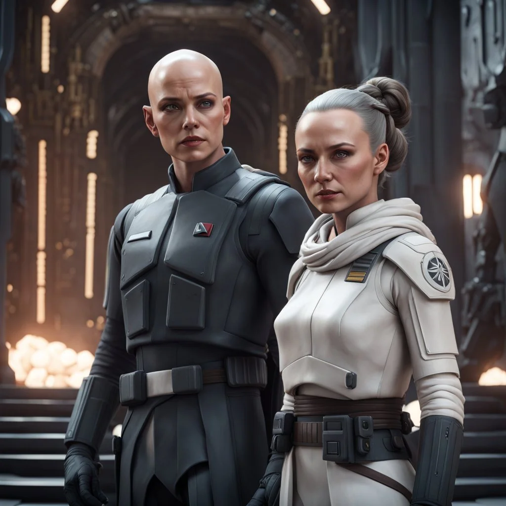 a bold and heroic bald male Corellian pilot in black and metallic grey First Order special forces gear meets a female Jedi Master in ancient, mystical temple, hyperdetailed, dynamic lighting, hyperdetailed background, 8k resolution, volumetric lighting, light skin, fully symmetric details