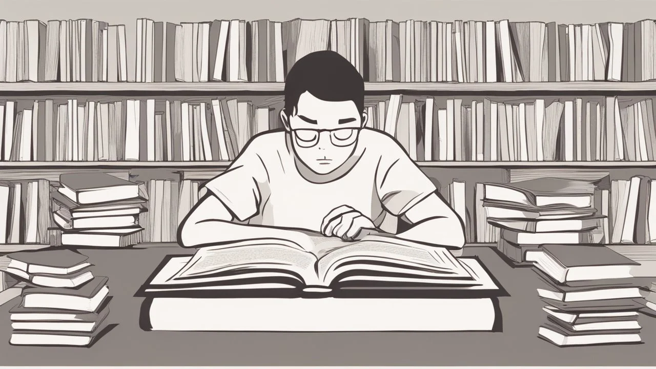 The image depicts a person sitting at a table with a stack of books in front of them. The individual is holding an open book and reading with intense concentration. Their eyes are moving rapidly across the pages, suggesting advanced speed reading skills. The book's opening phrase and words are clearly visible in the image, making it easier for the reader to apply speed reading techniques and better comprehend the content. The image highlights the immersive and deep understanding aspects achievab