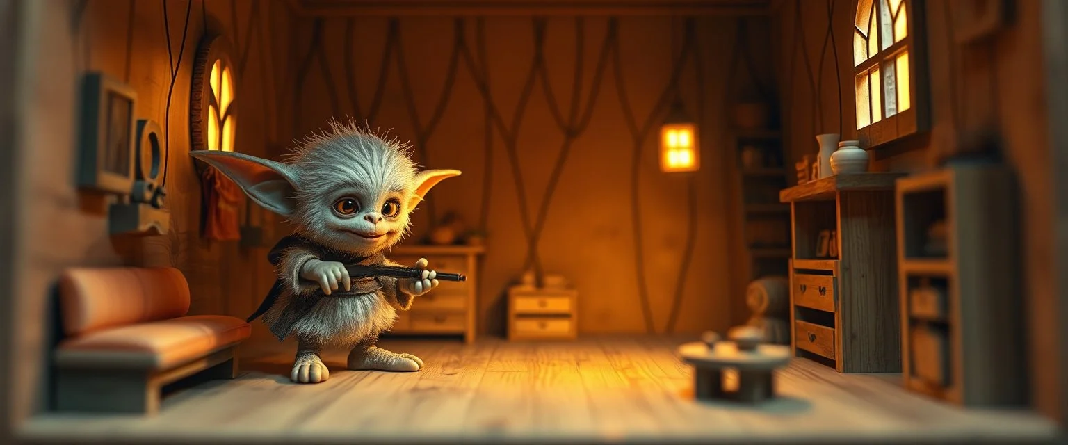 air brush 3d with pen outline,spaghetti western fluffy goblin edgy hero, shallow depth of field, warm lantern, pin hole cam in doll house, bottom floor board edge border