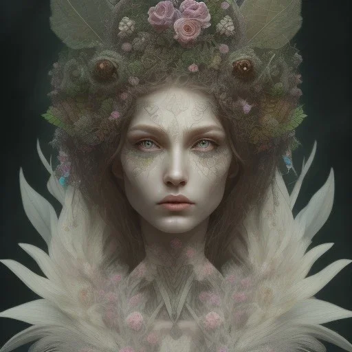 karlan, plant metal, feathers, Dryad, fae, sidhe, ominous, nature, plants, wildflower, facepaint, dnd character portrait, intricate, oil on canvas, masterpiece, expert, insanely detailed, 4k resolution, retroanime style, cute big circular reflective eyes, cinematic smooth, intricate detail , soft smooth lighting, soft pastel colors, painted Renaissance style, 800mm lens