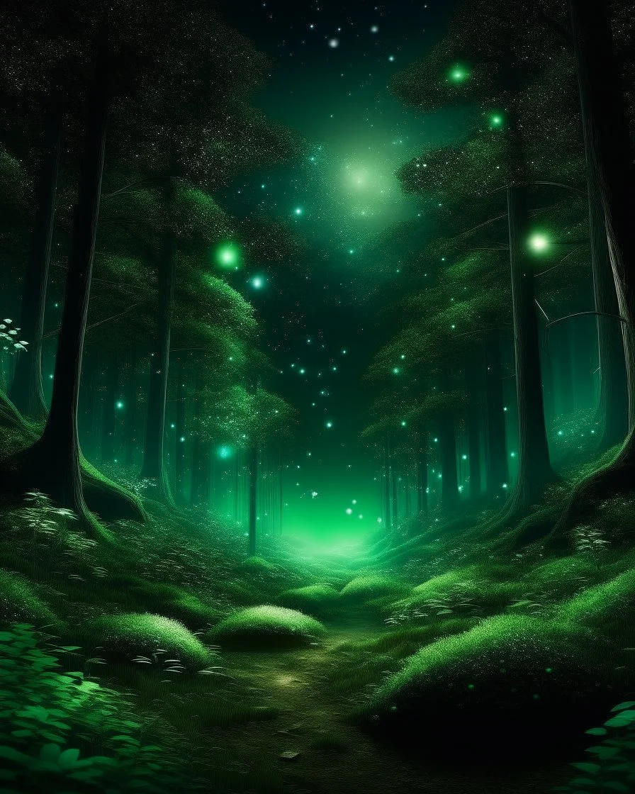 make a futuristic background, forest, dark, light, green, magical, shadows. Out of this world with a stars above