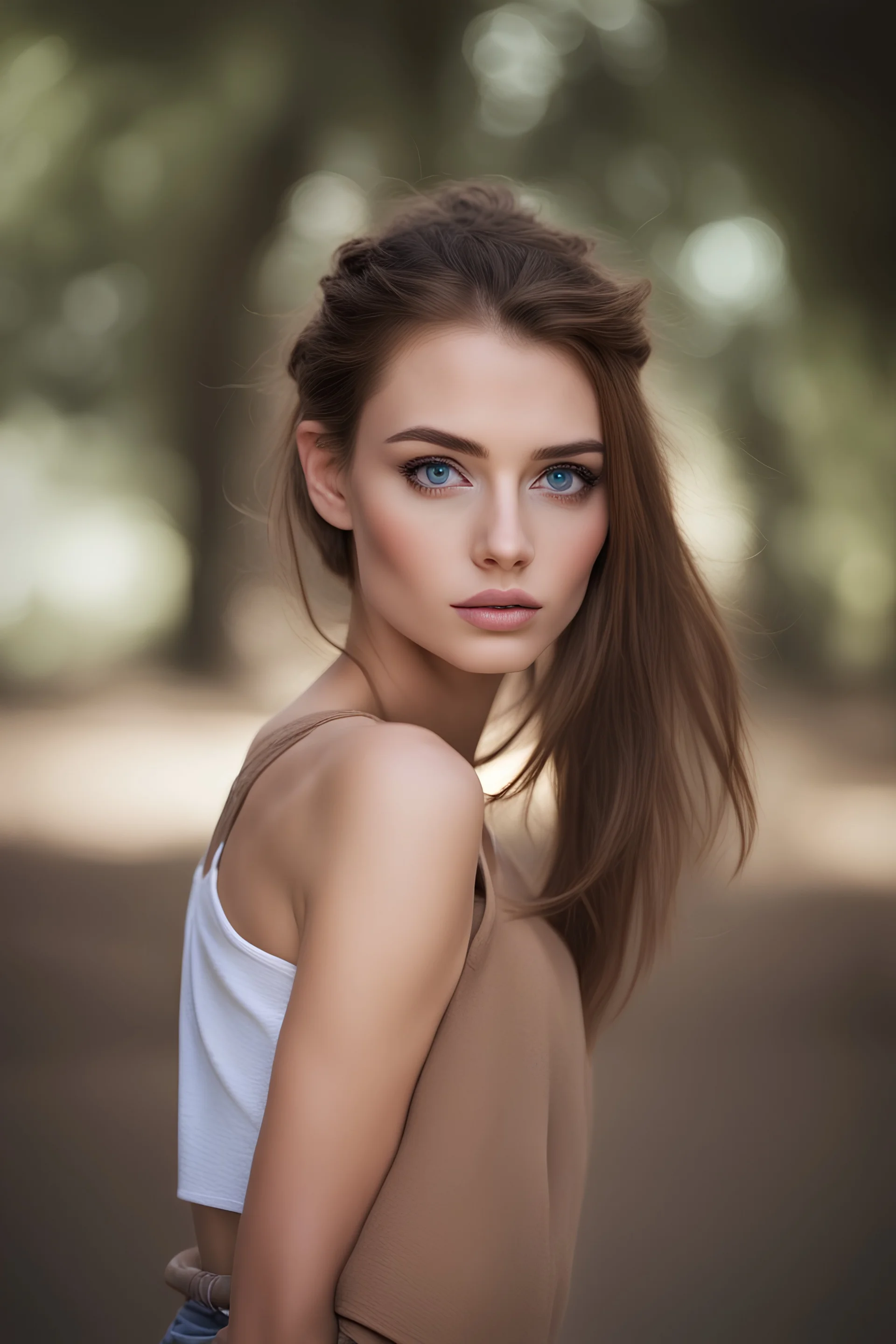 professional photography, most pretty beautiful girl,exposed, tight t-shirt, messy bun, brown hair, blue eyes, full font of body, big eyes, thin lips,beautiful, pretty woman, perfect body, perfect face,Canon EOS 5D mark IV, best quality photography, sharp,