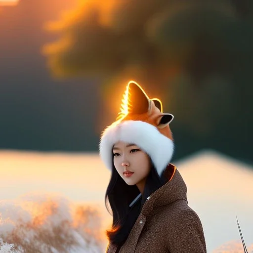 mdjrny-v4 style, cute asain girl wearing a fox hat by greg rutkowski and Guwiez, depth of field, cinematic lighting, 8k uhd, redshift render