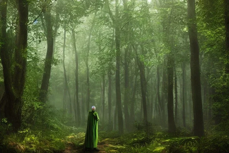 green robed elf in forest facing away, highly detailed, 8k, atmospheric lighting, trending on artstation