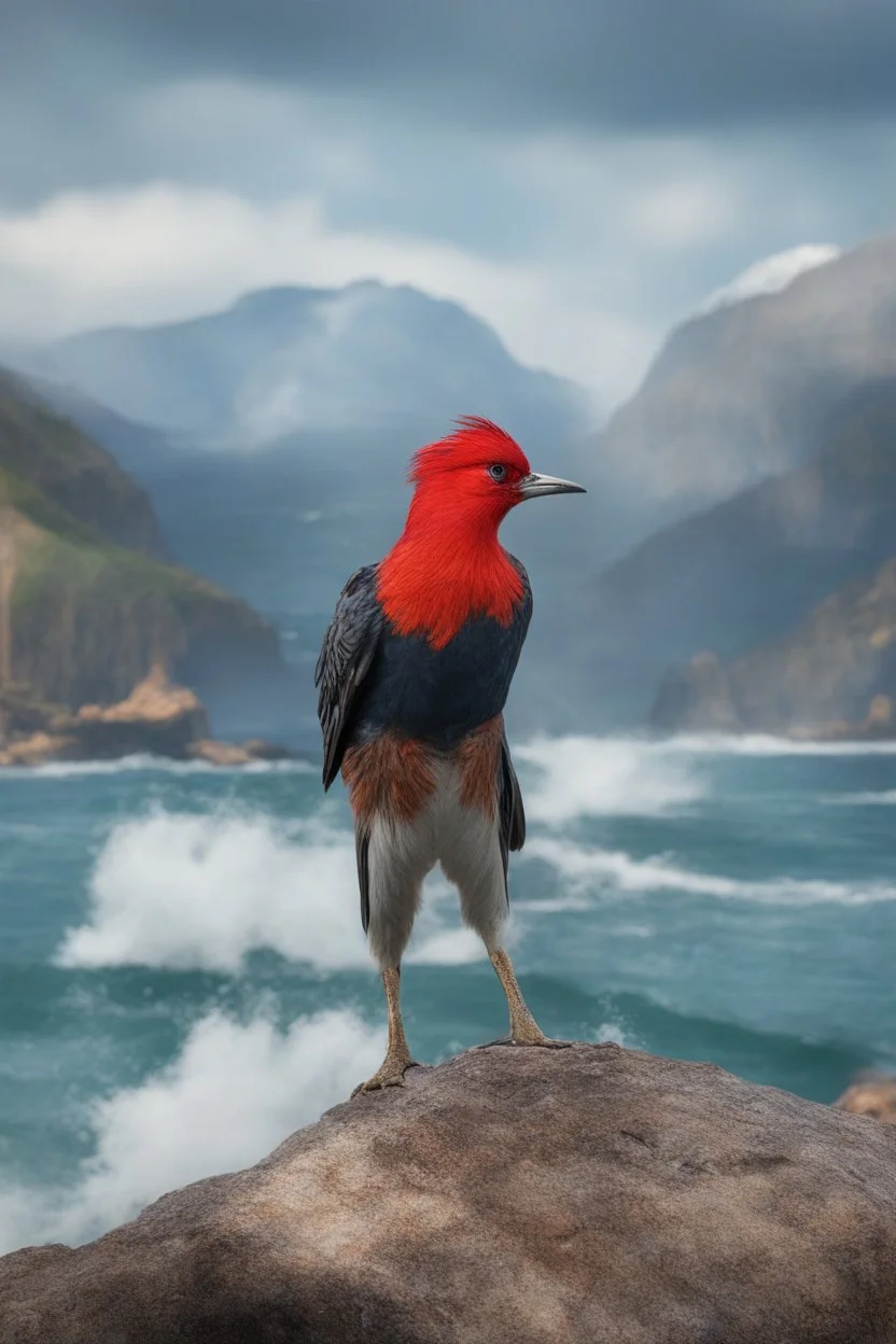 full body, head to toe, 3D, an anthropomorphic woodpecker named Steve, with short, pixie-cut, (((red hair))) tapered on the sides - full color - 32k, UHD, 1080p, 8 x 10, glossy professional quality digital photograph - raging sea and mountains and a ship in the background, historic, powerful, exquisite detail, sharp - focus, ((skin details, high detailed skin texture))