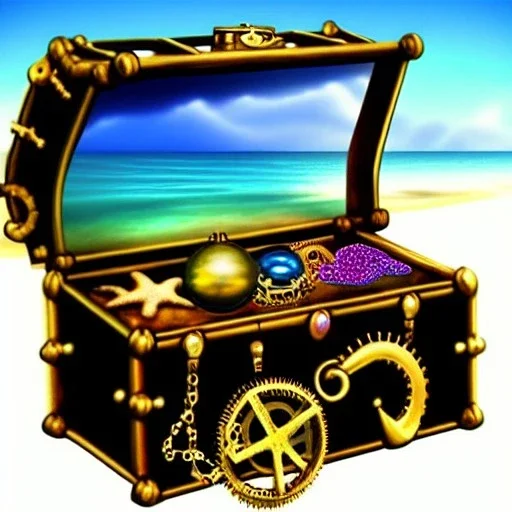 magical ocean scene, open treasure chest full of jewels, steampunk 16k