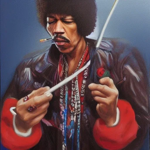 realistic portrait of Jimi Hendrix at a turntable with headphones on being a DJ, cigarette in mouth