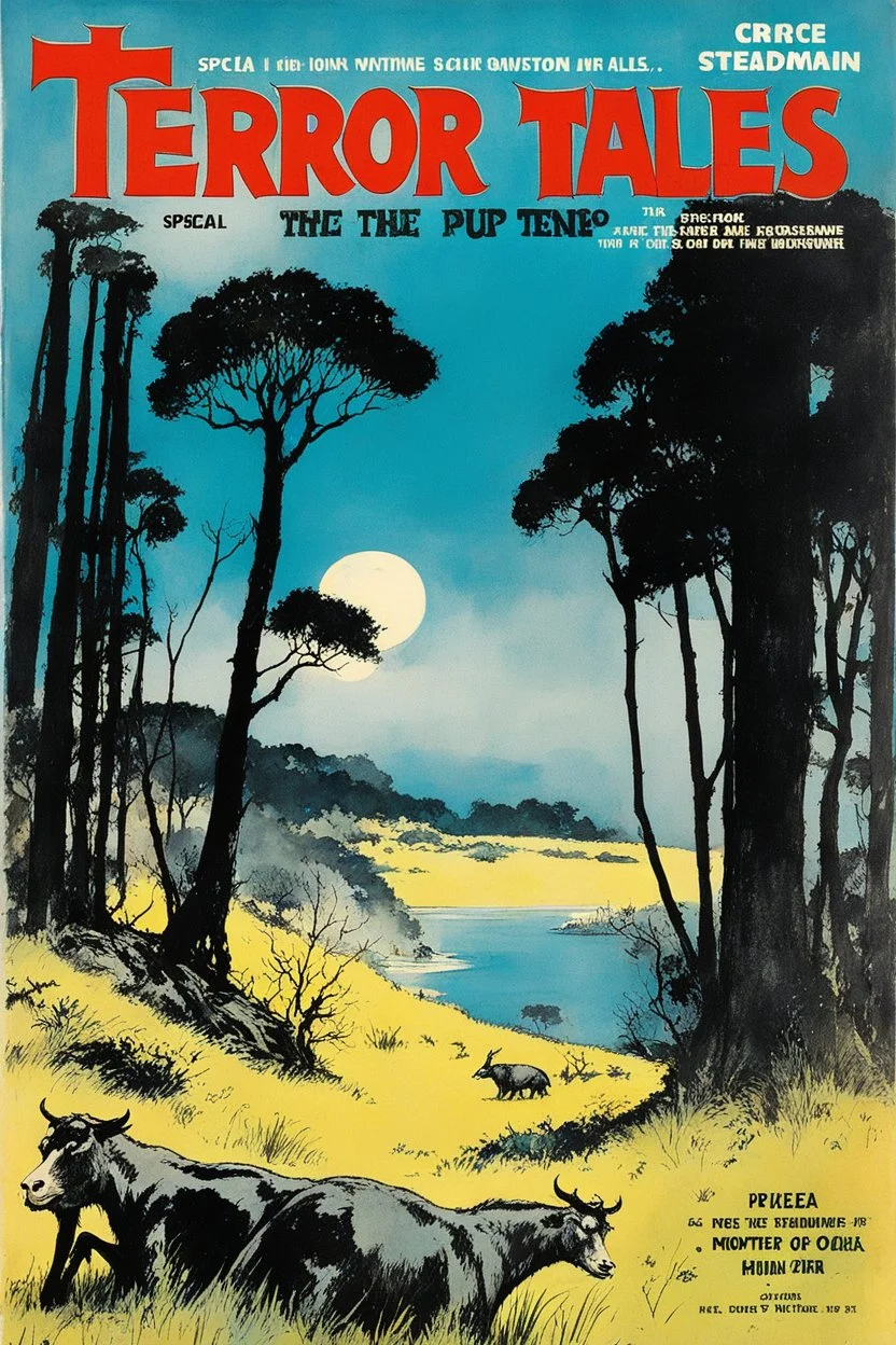 cover for the TERROR TALES pulp magazine (1964) with a high res photo cover by Ralph Steadman: special Visit Aeaea the nice island covered with a mixture of pasture and dense woodland of oak and beech. issue; guest stars: Circe, a captivating nymph and Homer the Greek poet