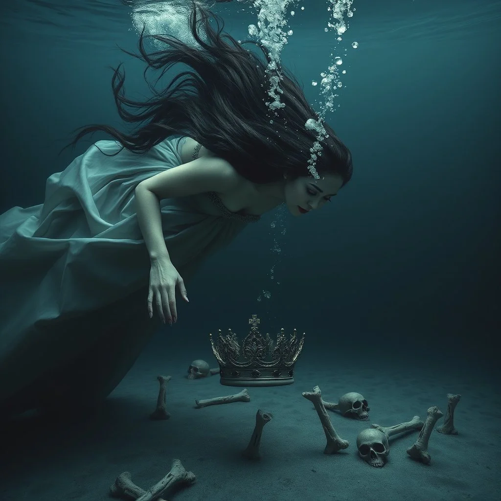 captivating and surreal underwater scene featuring a woman dressed in an elegant royal gown. Her long dark hair stands freely on end suspended in the water, and she is seen diving desperately her lips pursed as air bubbles furiously pour from her mouth rising to the surface. She reaches down towards a small, austere crown lying tantalizingly out of reach on the sea floor, surrounded by eerie bones covered by silt. The dramatic matte oil painting visuals evoke a macabre atmosphere, capturing the