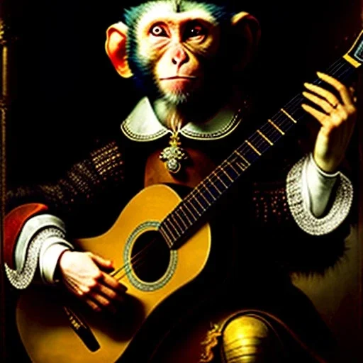 rembrandt painting of a monkey playing a guitar, 6 strings, fingers