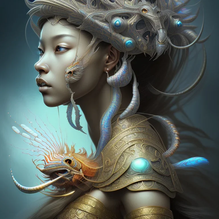 Sango fantasy, fantasy magic, intricate, sharp focus, illustration, highly detailed, digital painting, concept art, matte, art germ and Paul Lewin and Kehinde Wiley, masterpiece Indonesian lady head bronze lionfish Asian African girl nice breast Thai hair turquoise silver waves