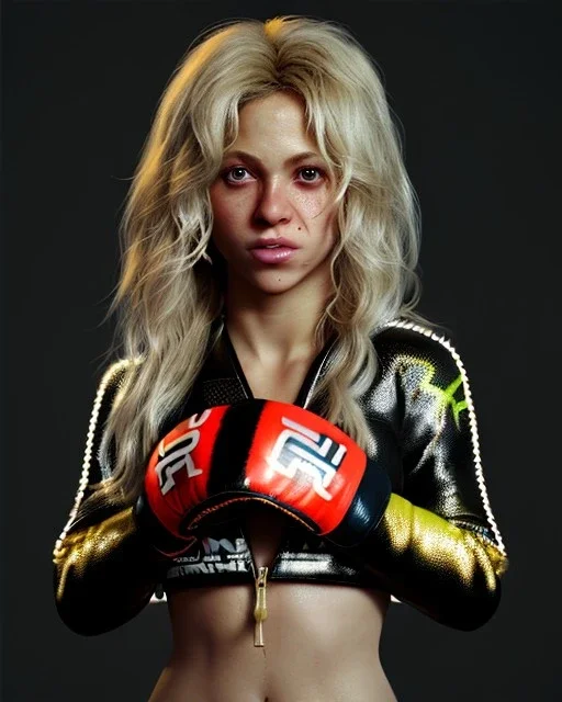 portrait, Shakira, blonde artist, angry, Realistic image, MMA robe, hoodie, mma gloves, loose long hair, eyes make up, gold line make up, moisture, sweat, fog, Neon colors, leds. Dark background, photo studio, concept art, smooth, unreal engine 5, god lights, ray tracing, RTX, lumen lighting, ultra detail, volumetric lighting, 3d, finely drawn, high definition, 4k.