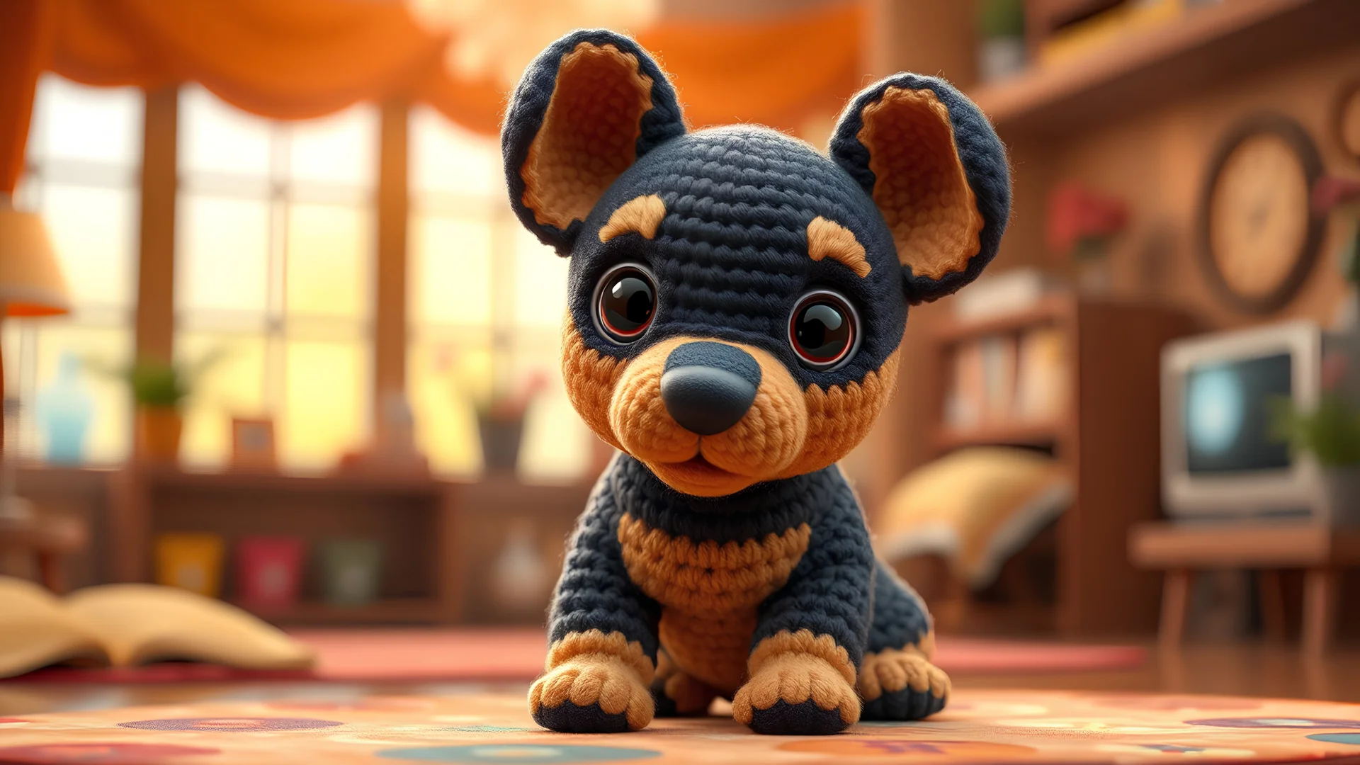 A visually enchanting 4K photograph featuring a lovable, Pixar-inspired miniature pinscher puppy, expertly crafted in a whimsical and vibrant cartoon style. The puppy, adorned with soft fur and expressive features, is masterfully rendered in a lifelike 3D amigurumi crochet design, which captivates viewers with its irresistible charm. The background is filled with warm, inviting colors and a 3D render, creating a cinematic atmosphere that further accentuates the puppy's enchanting appeal.