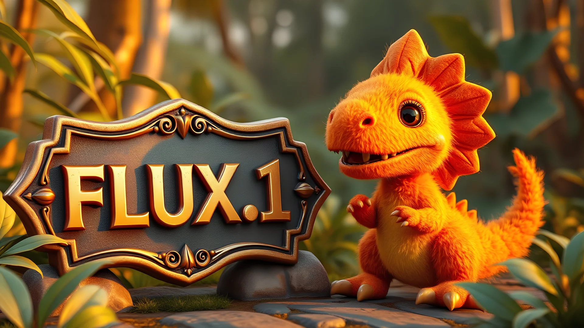 a cute magical furry orange dinosaur next to a bronze sign with gold lettering that says "FLUX.1", jungle background, high quality render, golden hour