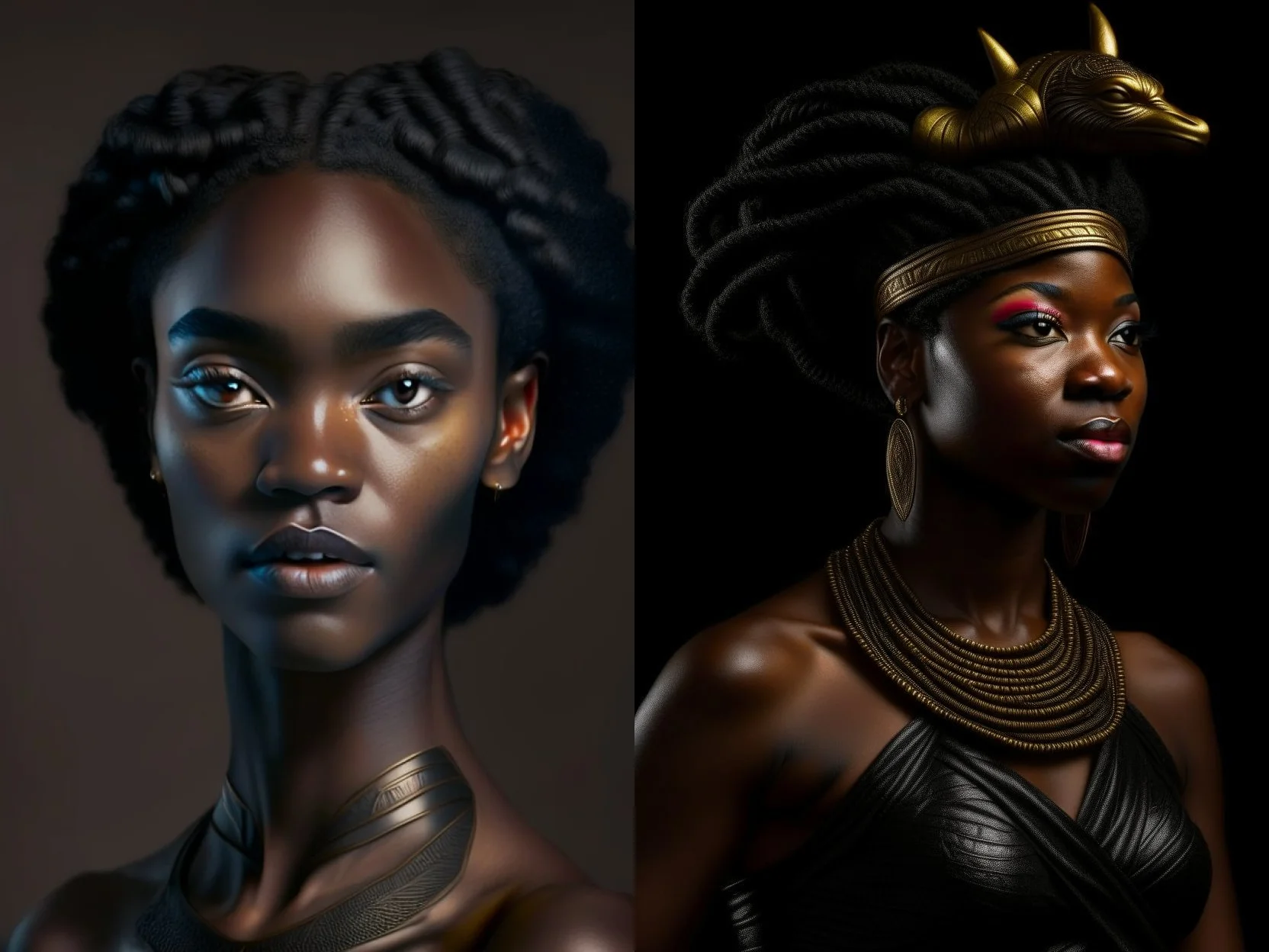 Kandinsky 2.1 vs 2.2: Artemis as a black woman, 90mm studio photo, hyperrealistic