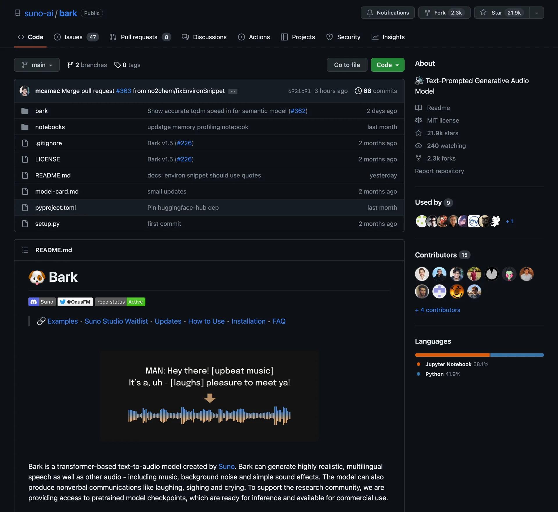 Suno's Bark Model on Github